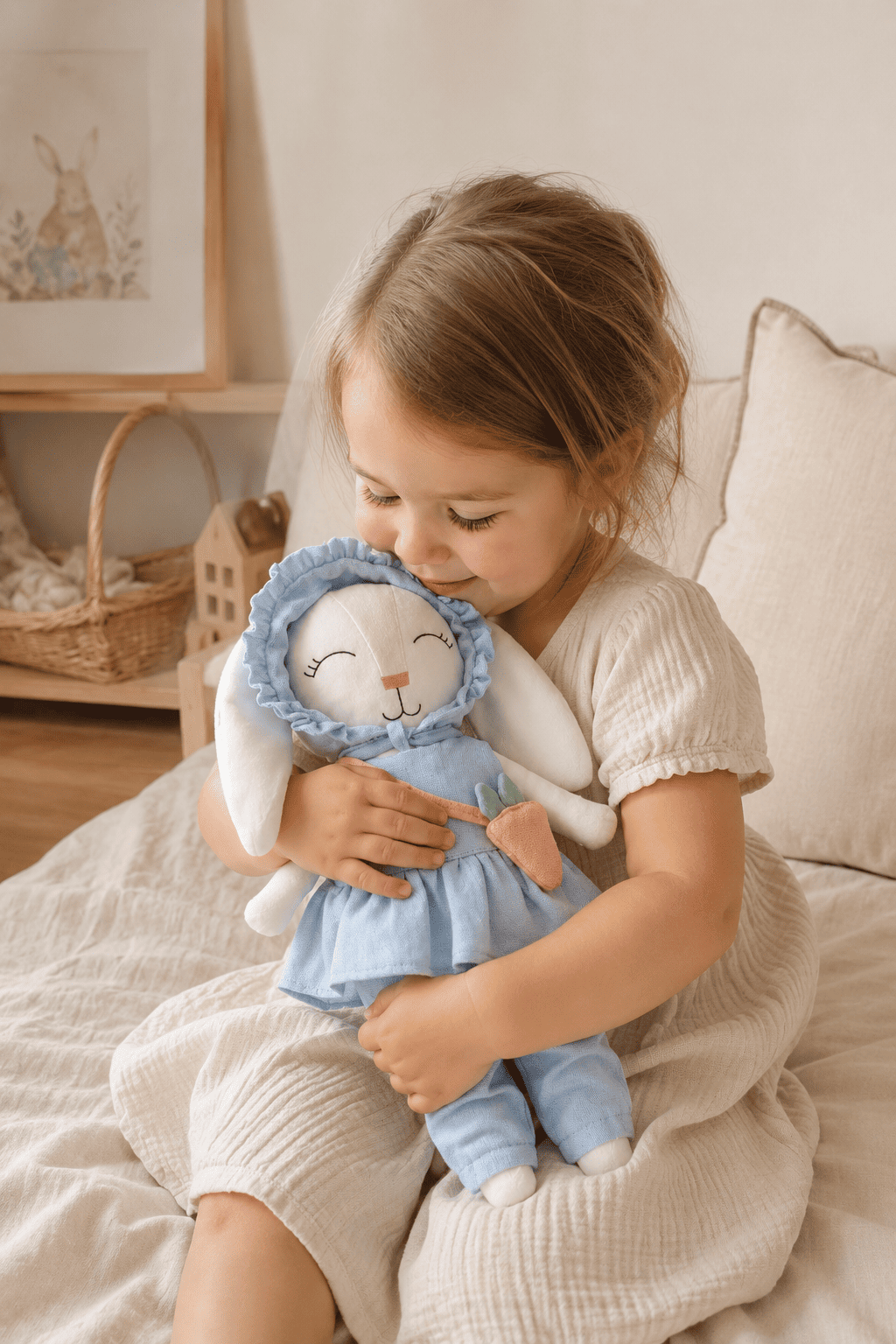 Conejito Minono con Gorrito Plisado, Blusa, Pantalón y Bolsa Zanahoria – 30 cm