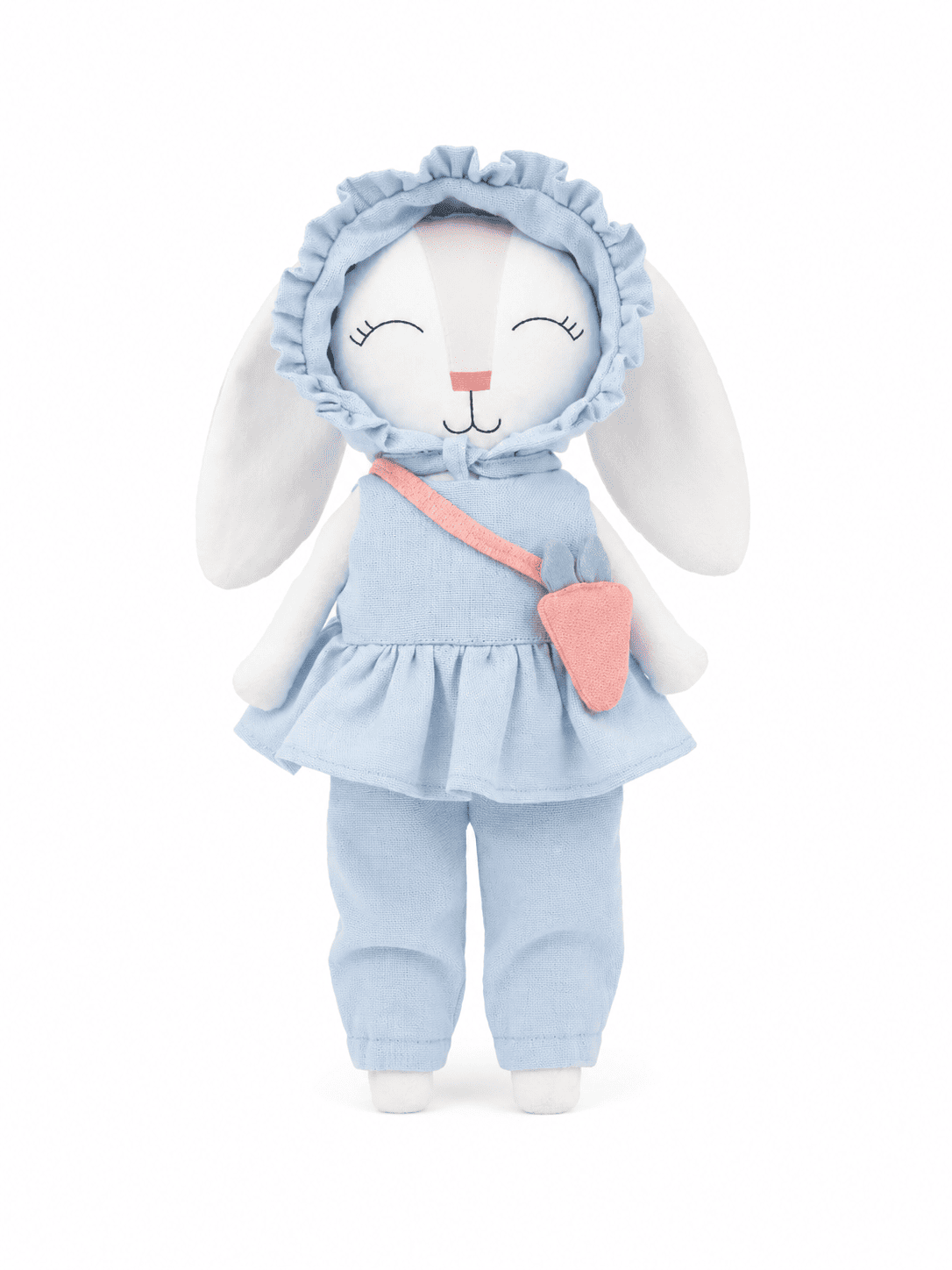 Conejito Minono con Gorrito Plisado, Blusa, Pantalón y Bolsa Zanahoria – 30 cm