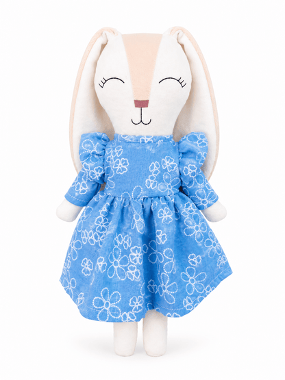 Vestido azul con diseño floral blanco para conejo Minono 30 cm
